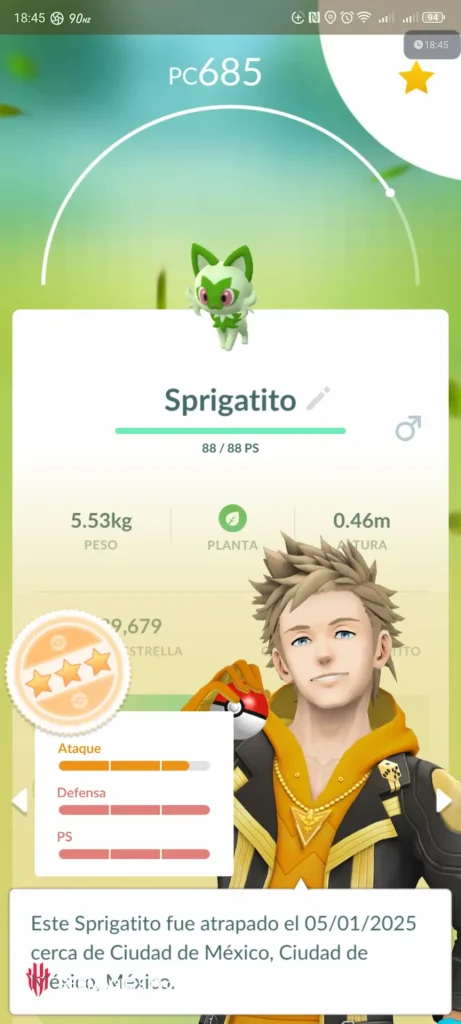 Evaluación de Sprigatito capturado durante el Día de la Comunidad Sprigatito 2025 en Pokémon GO, Ciudad de México.