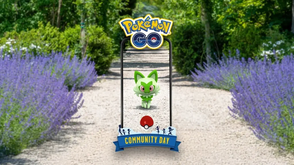 Sprigatito en el Día de la Comunidad, destacado en Pokémon GO con el logotipo del evento y un fondo natural.